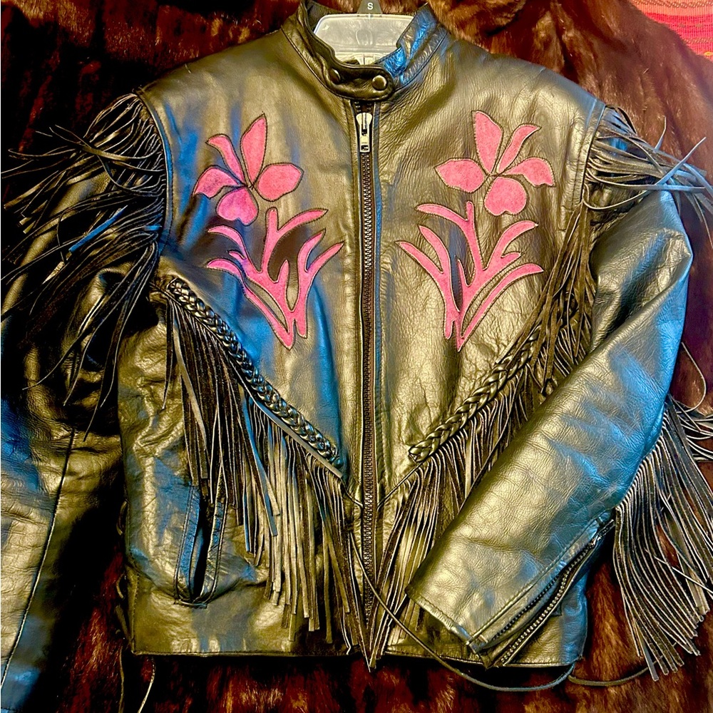 Black leather fringe motorcycle jacket.  Raspberry flowers, thinsulate lining